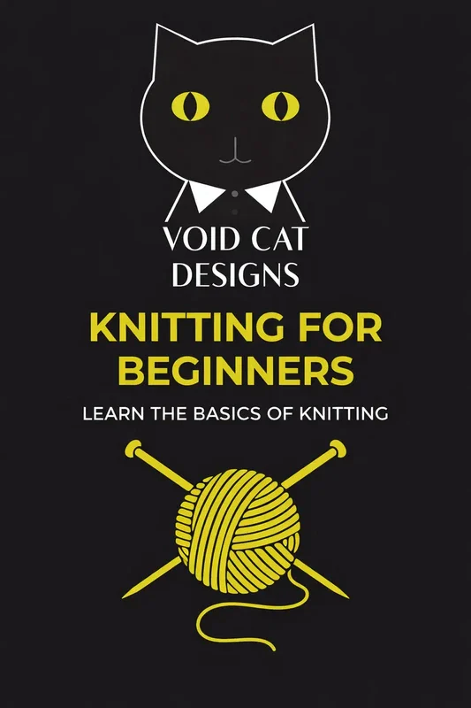 Knitting for Beginners. Learn the basics of knitting. Black cat logo above text promoting a beginner's knitting workshop with yarn graphic.