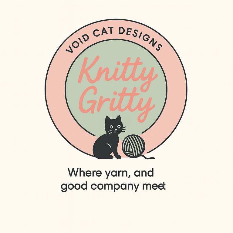 Logo featuring a black cat and a yarn ball, titled "Knitty Gritty."